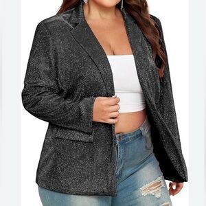 Soho Women's Plus Size Blazer Jacket Collared V-Neck Glitter Sparkly Long Sleeve